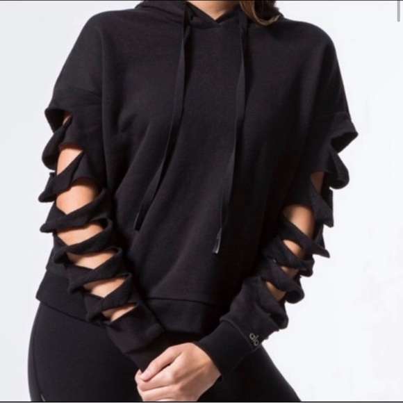 ALO Yoga Slay Slashed Black Long Sleeve Hoodie - Picture 2 of 4